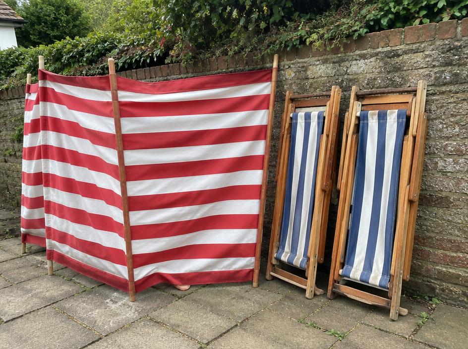 Stripy windbreak + 2 deckchairs