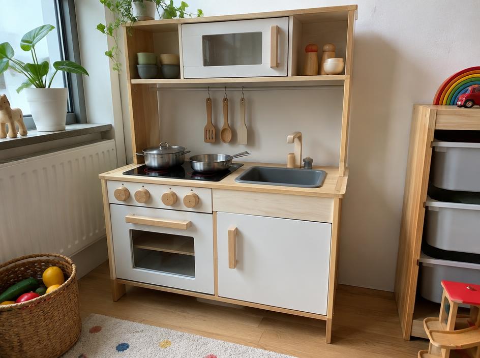 Wooden toy kitchen with pans